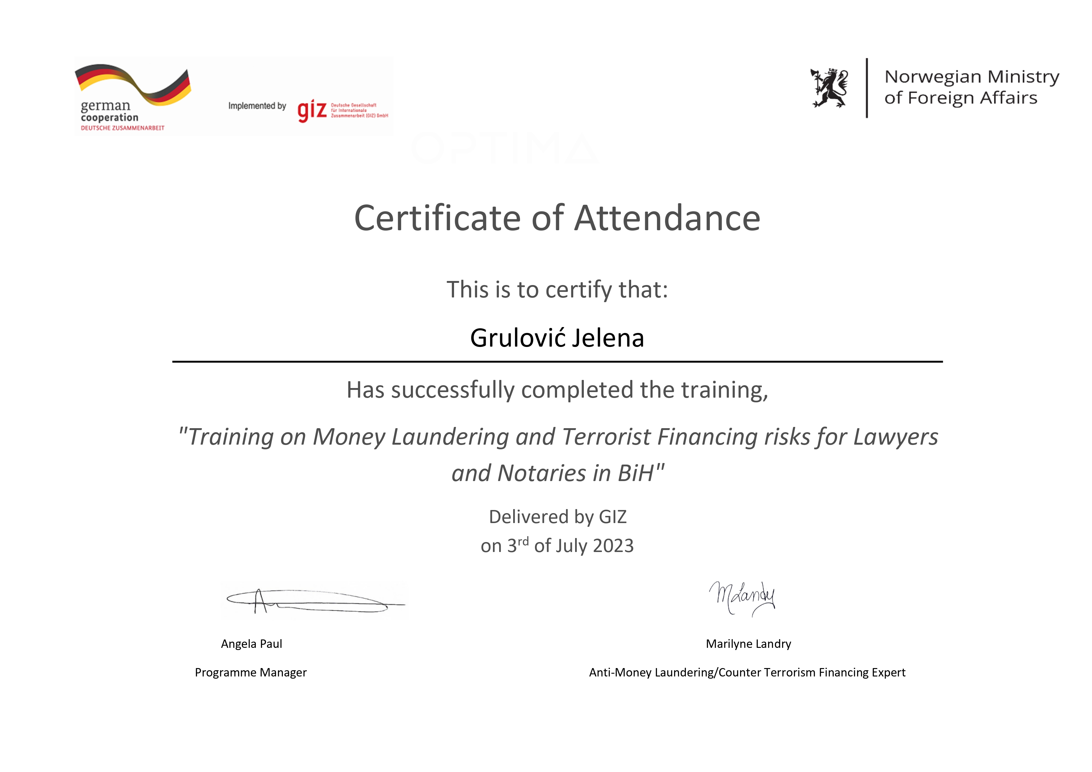 sertifikat jelena grulovic